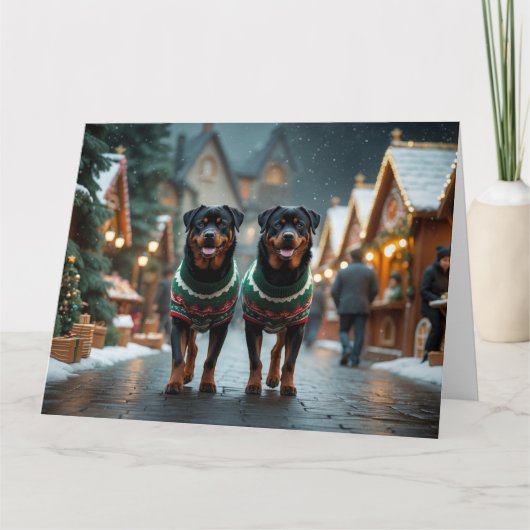 Rottweiler Dogs Christmas Snow Holiday カード (正面)