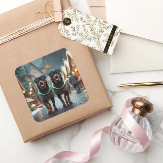 Rottweiler Dogs Christmas Snow Holiday スクエアシール (ギフト)