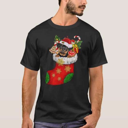 Rottweiler In Sock Christmas Santa Hat Xmas Dog Lo Tシャツ (正面)