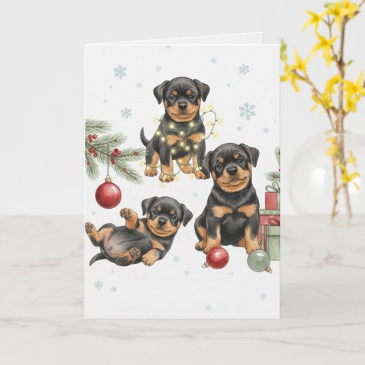 Rottweiler Puppies Christmas Card カード (黄色い花)