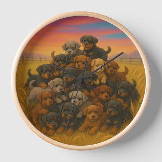 Rottweiler Puppies Running Free – Joyful 壁時計 (正面)