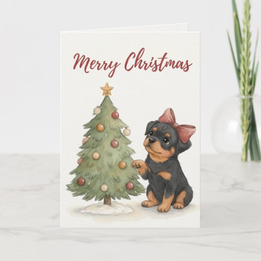 Rottweiler Puppy by Christmas Tree Card カード (正面)