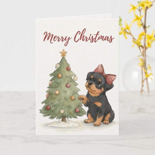 Rottweiler Puppy by Christmas Tree Card カード (黄色い花)