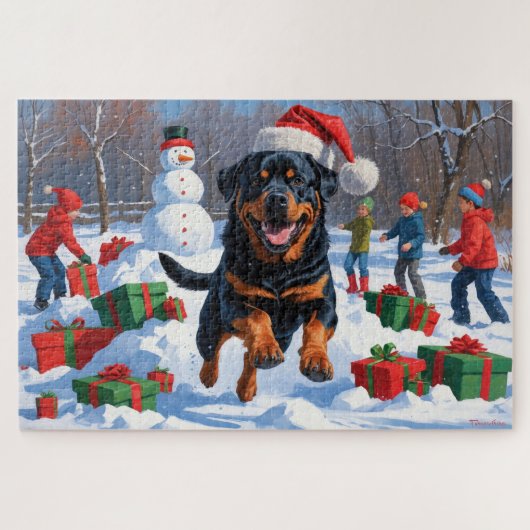 Rottweiler Running in Snow with Christmas Hat ジグソーパズル (横)
