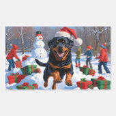 Rottweiler Running in Snow with Christmas Hat 長方形シール (正面)