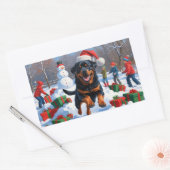 Rottweiler Running in Snow with Christmas Hat 長方形シール (封筒)