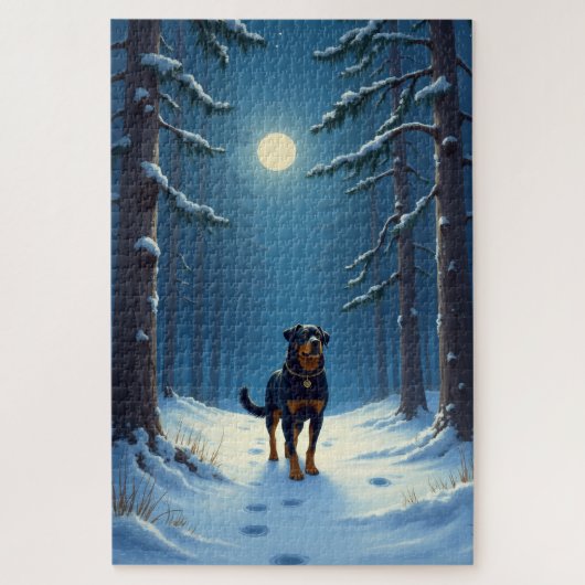 Rottweiler Starry Forest Hike Christmas Painting ジグソーパズル (縦)