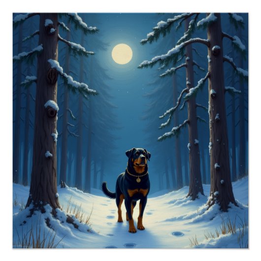 Rottweiler Starry Forest Hike Christmas Painting ポスター (正面)