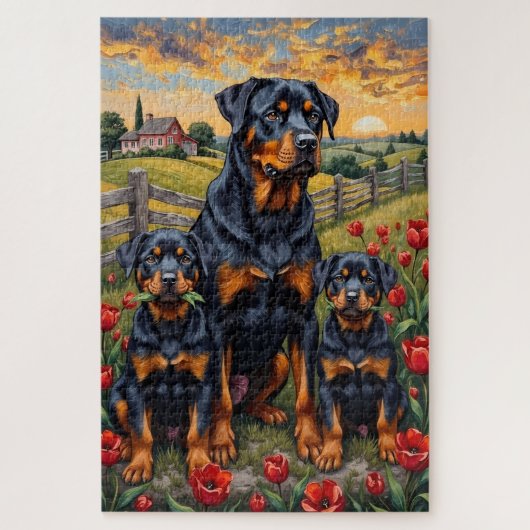 Rottweiler Tulip Field Art ジグソーパズル (縦)
