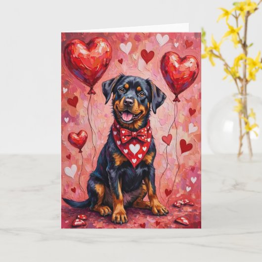 Rottweiler Valentine’s Day Dog with Hearts Red カード (黄色い花)