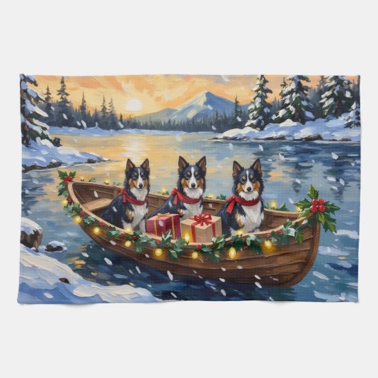 Rough Collie Christmas Boat Holiday キッチンタオル (横)
