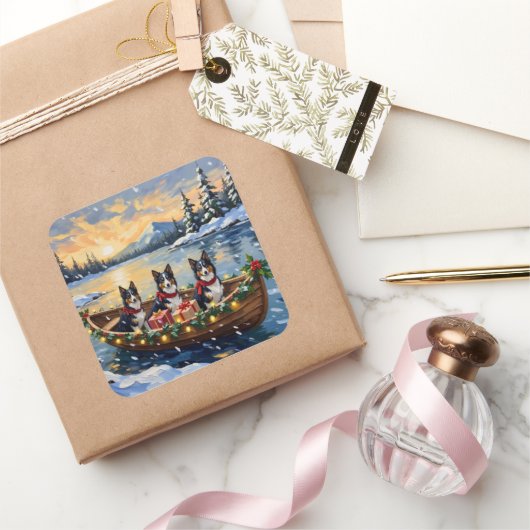 Rough Collie Christmas Boat Holiday スクエアシール (ギフト)