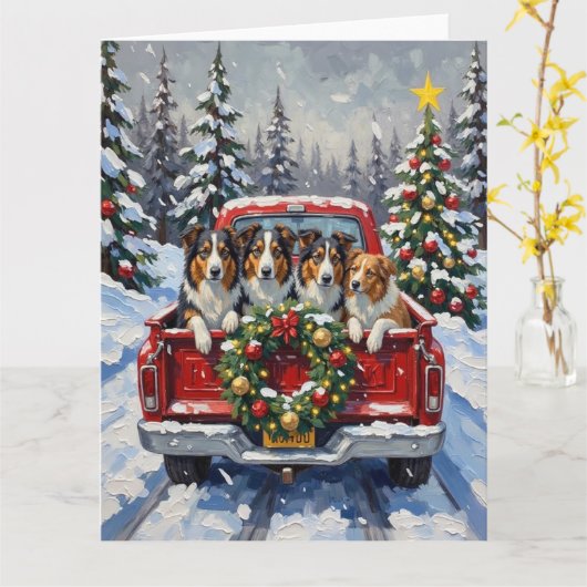 Rough Collie Christmas Red Truck Holiday カード (黄色い花)