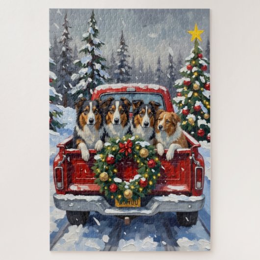 Rough Collie Christmas Red Truck Holiday ジグソーパズル (縦)