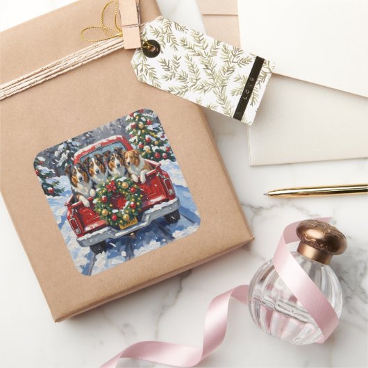 Rough Collie Christmas Red Truck Holiday スクエアシール (ギフト)