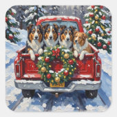Rough Collie Christmas Red Truck Holiday スクエアシール (正面)