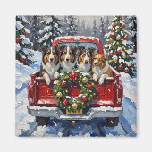 Rough Collie Christmas Red Truck Holiday マグネット (正面)