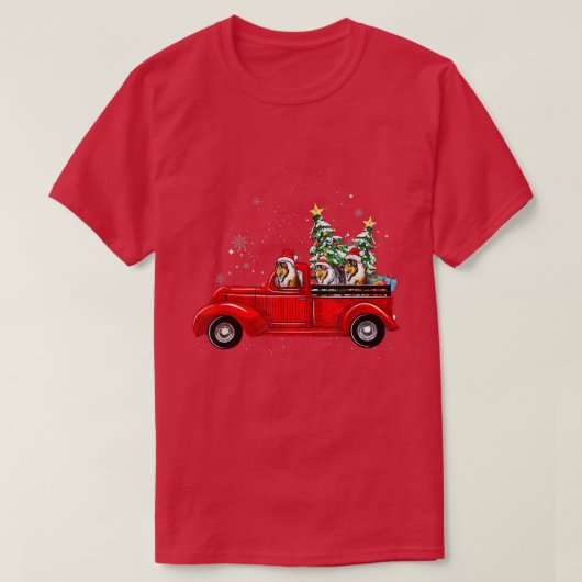 Rough Collie Dog Driving Xmas Truck Christmas Tree Tシャツ (デザイン正面)