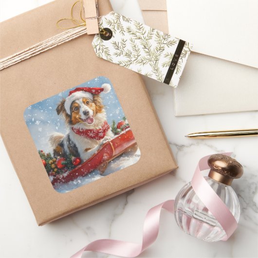 Rough Collie Dog in Sledge Let it Snow Christmas スクエアシール (ギフト)
