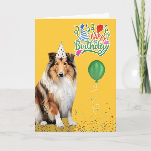 Rough Collie Dog Party Hat Yellow Birthday カード (正面)