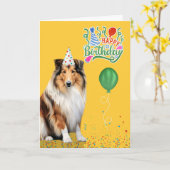 Rough Collie Dog Party Hat Yellow Birthday カード (黄色い花)