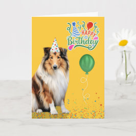 Rough Collie Dog Party Hat Yellow Birthday カード