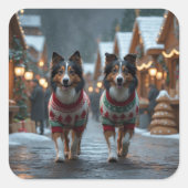 Rough Collie Dogs Christmas Snow Holiday スクエアシール (正面)