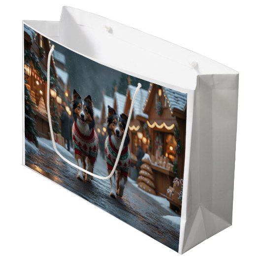 Rough Collie Dogs Christmas Snow Holiday ラージペーパーバッグ (正面アングル)