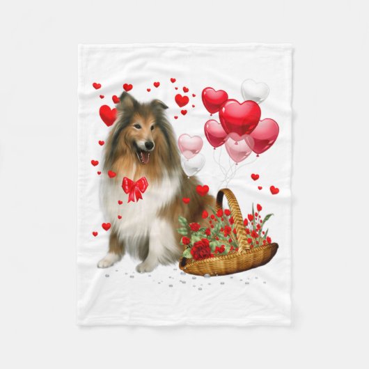 Rough Collie Heart Balloon Happy Valentine Day Dog フリースブランケット (正面)