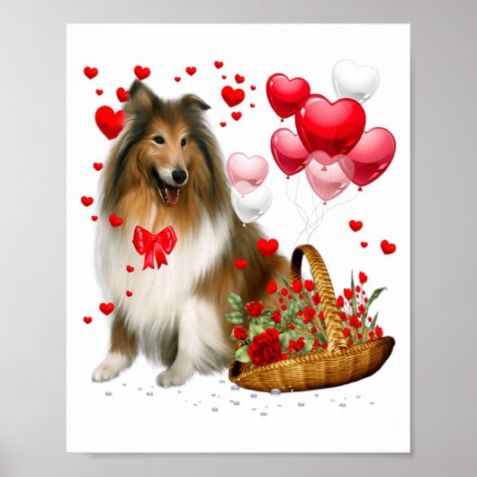 Rough Collie Heart Balloon Happy Valentine Day Dog ポスター (正面)