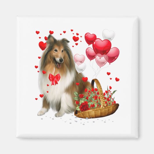 Rough Collie Heart Balloon Happy Valentine Day Dog マグネット (正面)