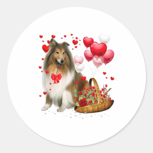 Rough Collie Heart Balloon Happy Valentine Day Dog ラウンドシール (正面)