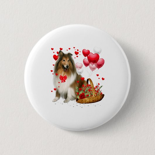 Rough Collie Heart Balloon Happy Valentine Day Dog 缶バッジ (正面)
