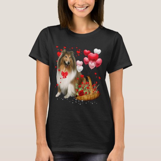 Rough Collie Heart Balloon Happy Valentine Day Dog Tシャツ (正面)