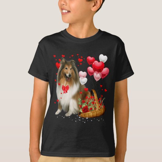 Rough Collie Heart Balloon Happy Valentine Day Dog Tシャツ (正面)