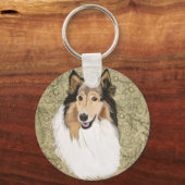 Rough Collie on a Brown Floral background キーホルダー (正面)