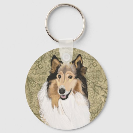Rough Collie on a Brown Floral background キーホルダー (正面)