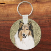 Rough Collie on a Brown Floral background キーホルダー (正面)