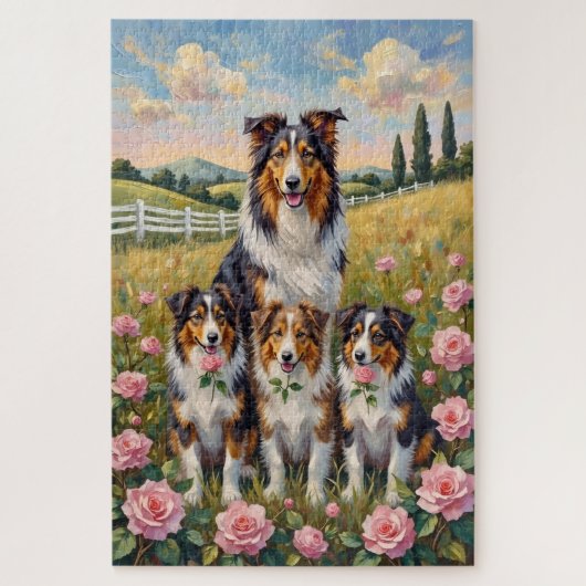 Rough Collie Rose Meadow Art ジグソーパズル (縦)