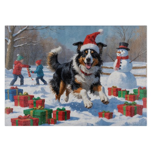 Rough Collie Running in Snow with Christmas Hat カッティングボード (正面)