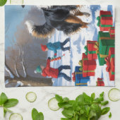 Rough Collie Running in Snow with Christmas Hat キッチンタオル (折り畳み)