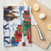 Rough Collie Running in Snow with Christmas Hat キッチンタオル (四つ折り)