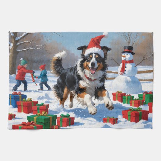 Rough Collie Running in Snow with Christmas Hat キッチンタオル (横)