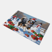 Rough Collie Running in Snow with Christmas Hat ドアマット (アングル)