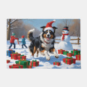Rough Collie Running in Snow with Christmas Hat ドアマット (正面)