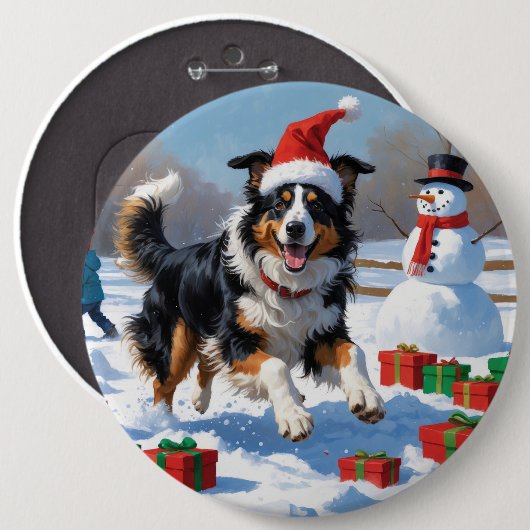 Rough Collie Running in Snow with Christmas Hat 缶バッジ (正面&裏面)
