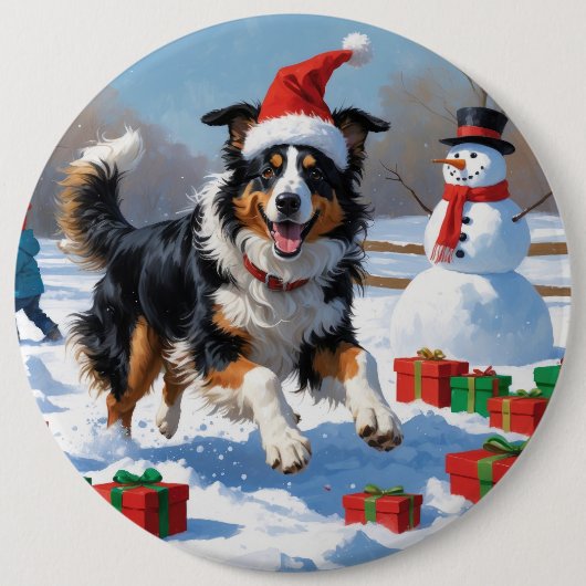 Rough Collie Running in Snow with Christmas Hat 缶バッジ (正面)