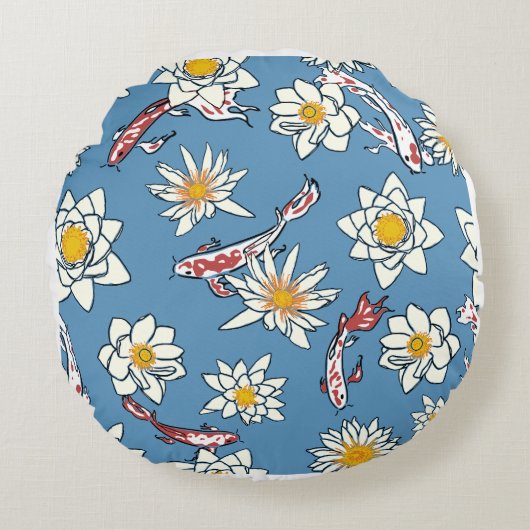 Round Blue Daisy Meadow Accent Pillow - Decorative ラウンドクッション (正面)
