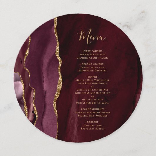 Round Burgundy Gold Agate Wedding メニュー (正面)