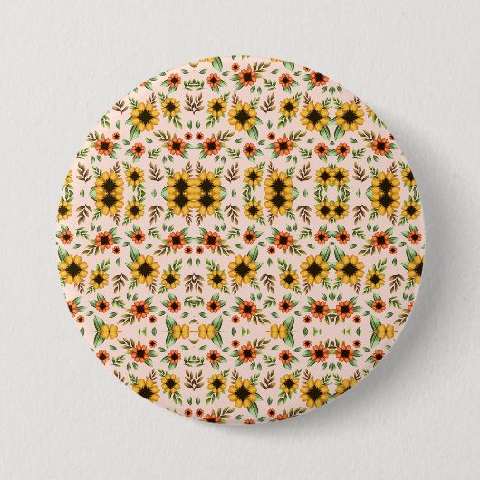 Round button featuring a colorful floral pattern 缶バッジ (正面)